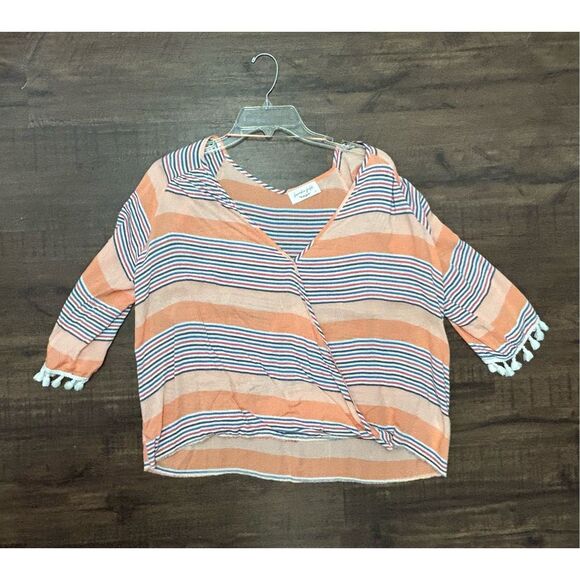 Lavender Field Tassle Stripe Pink Blue Wrap Blouse, Sz Large + - Picture 1 of 7